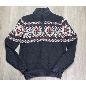 Izod Fair Isle Sweater Pullover Men Small Blue 1/4 Zip Chunky Knit Preppy Casual